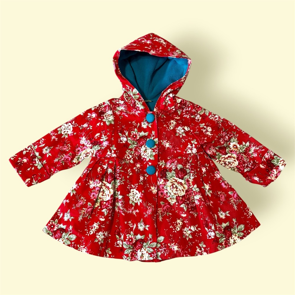 Maria Elena Kids Girls 3T Red Floral Hooded Coat Jacket Turquoise Lined Buttons